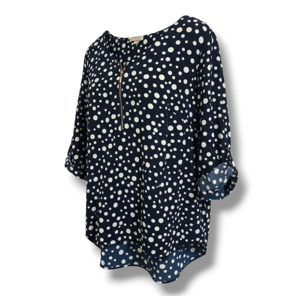 Dressbarn Women’s Plus Size 2X Navy Blue Polka Dot Blouse – Polyester Spandex