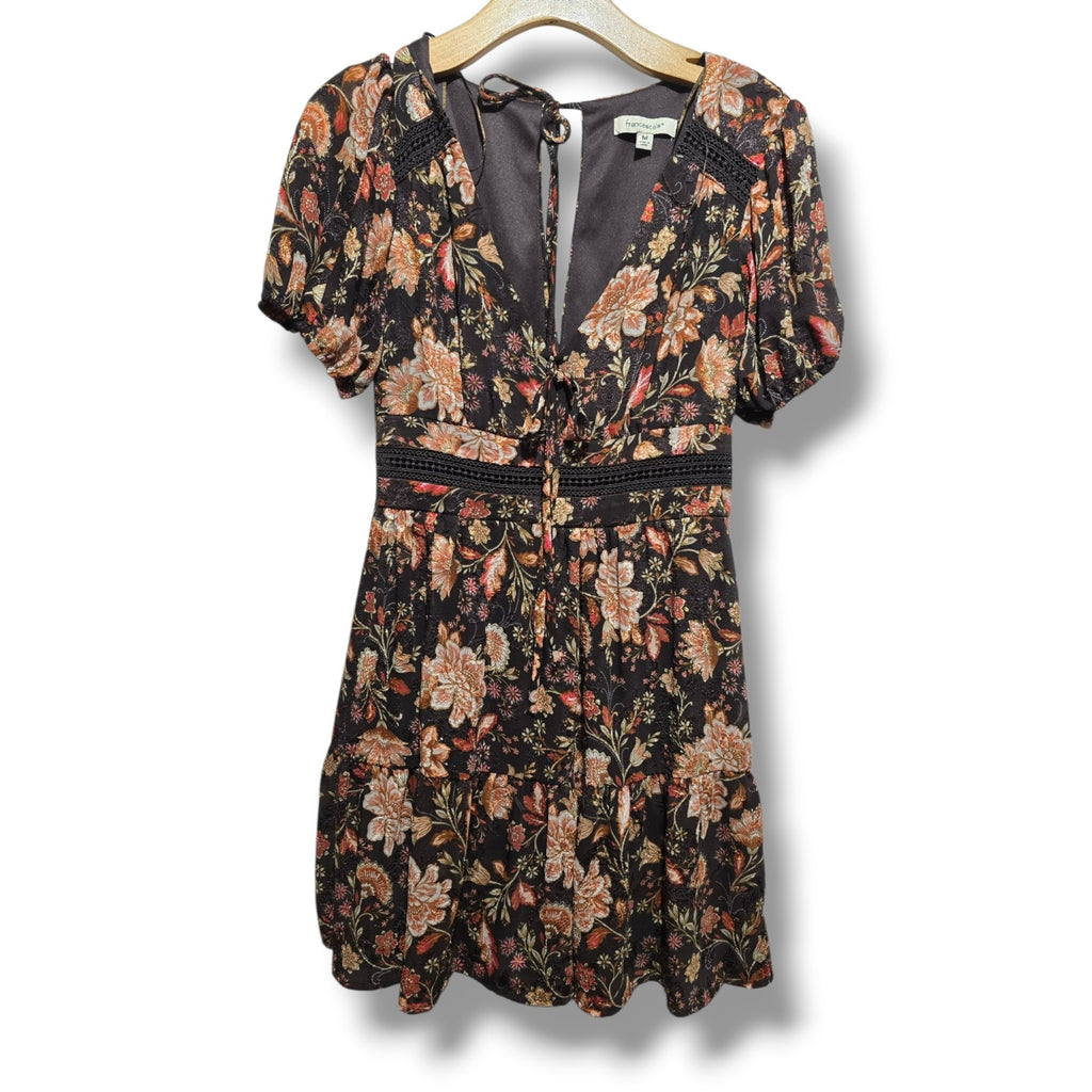 Francesca's Women's Size Medium Brown Boho Floral Puff Sleeve Mini Dress