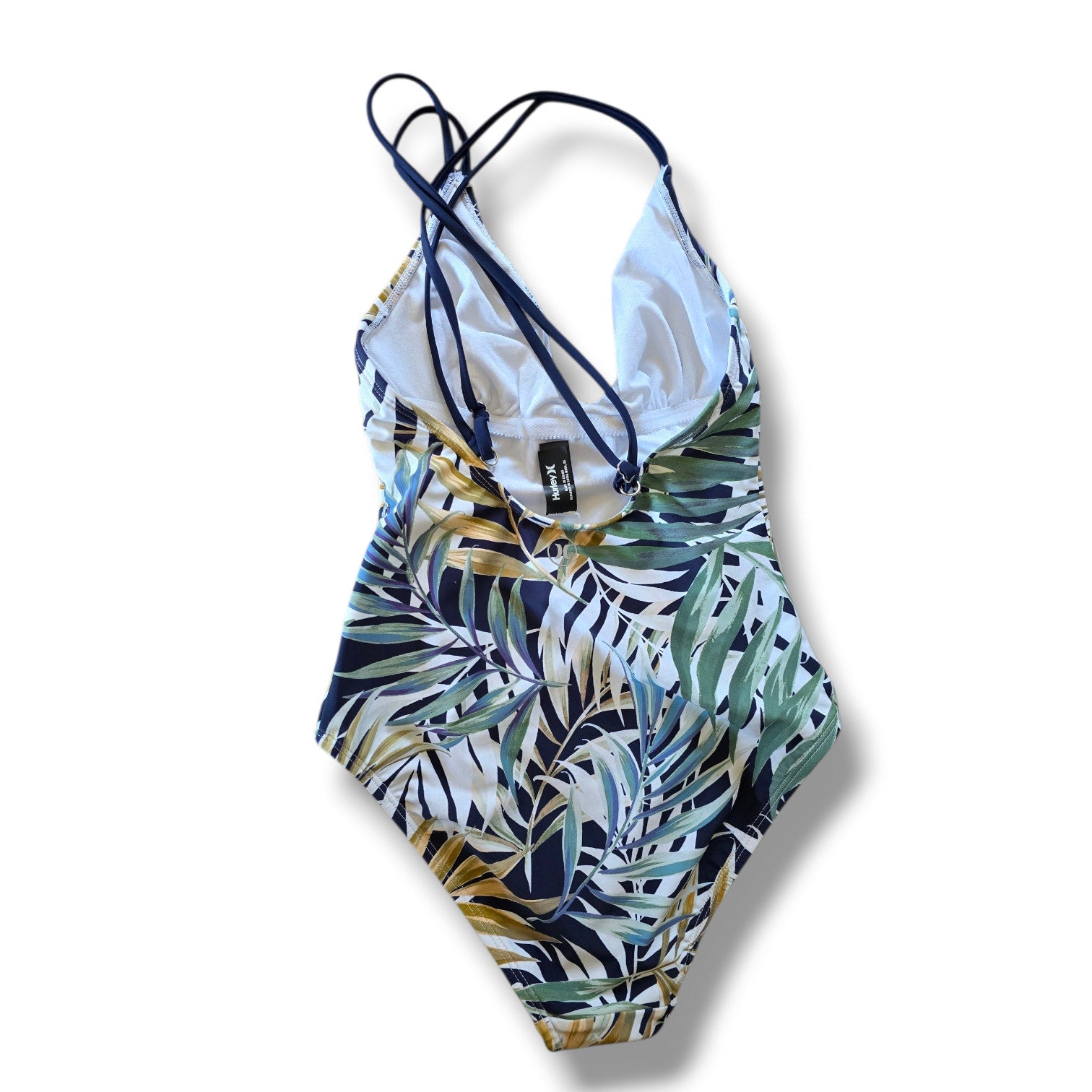 HURLEY women's Tropical Palm Leaf One Piece Swimsuit XS Blue Green Cross Back