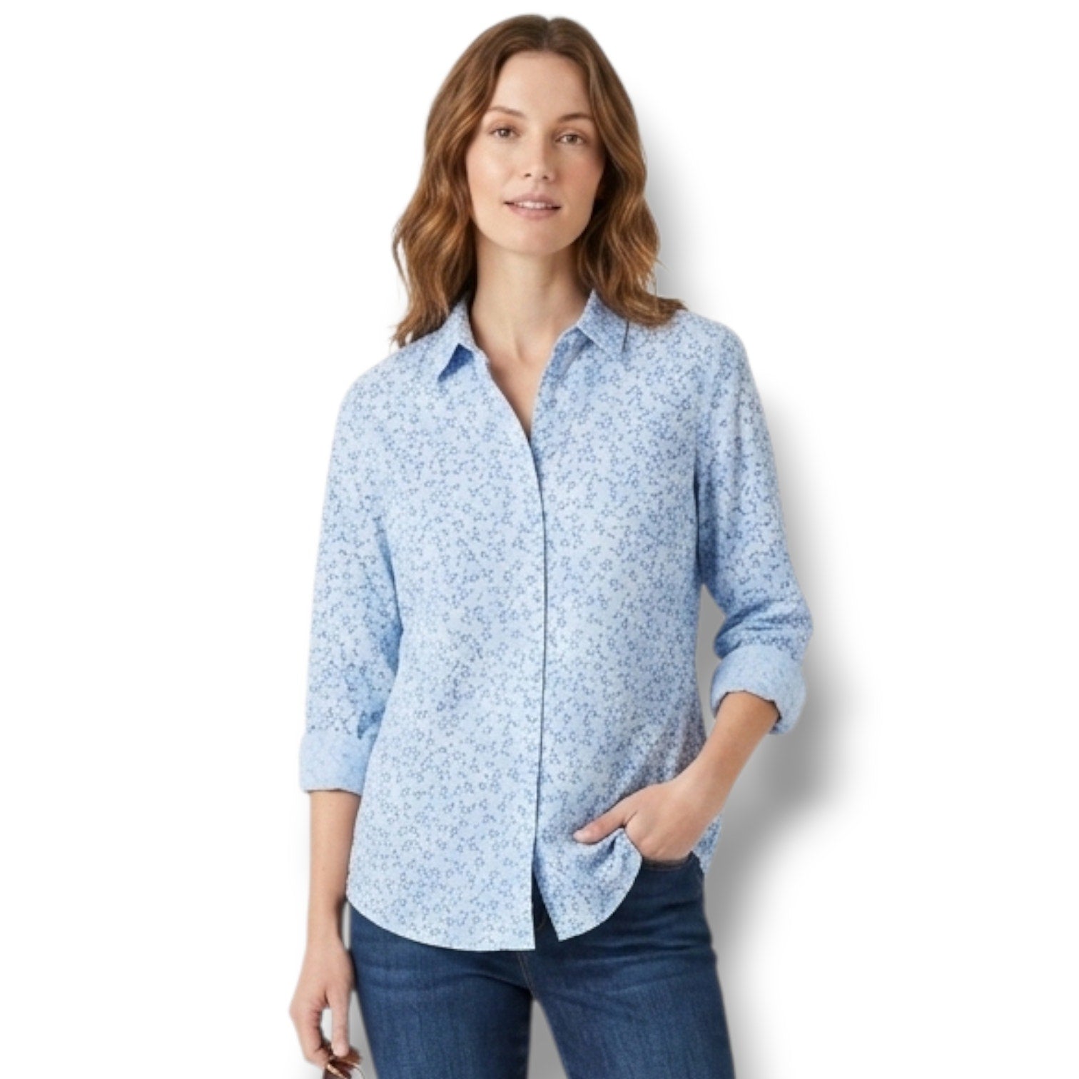 Liz Claiborne Women's Blue Floral Cotton Rayon Button Down Shirt Estimated S