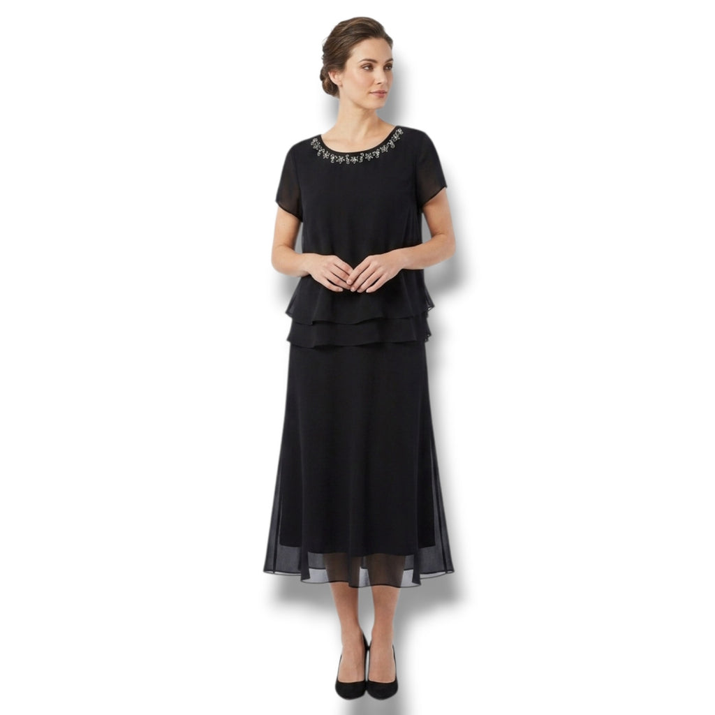 Dani Max Vintage Black Chiffon Tiered Dress 14 Beaded Neck Midi Evening