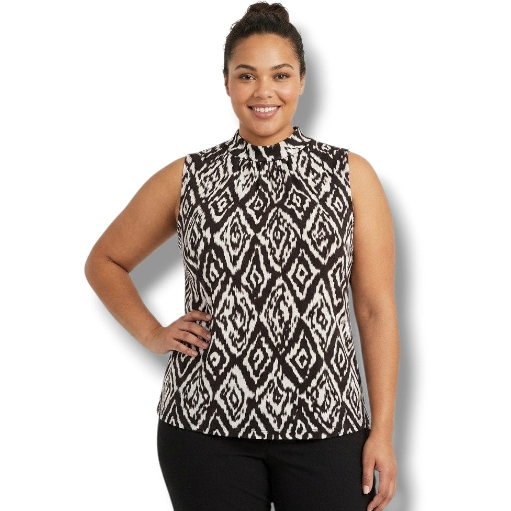 KC Stevens Women's Plus Size brown & White high neck sleeveless blouse - 2x
