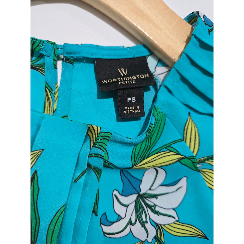 Worthington Petite Women’s Teal Floral Flutter Sleeve Blouse – Size PS