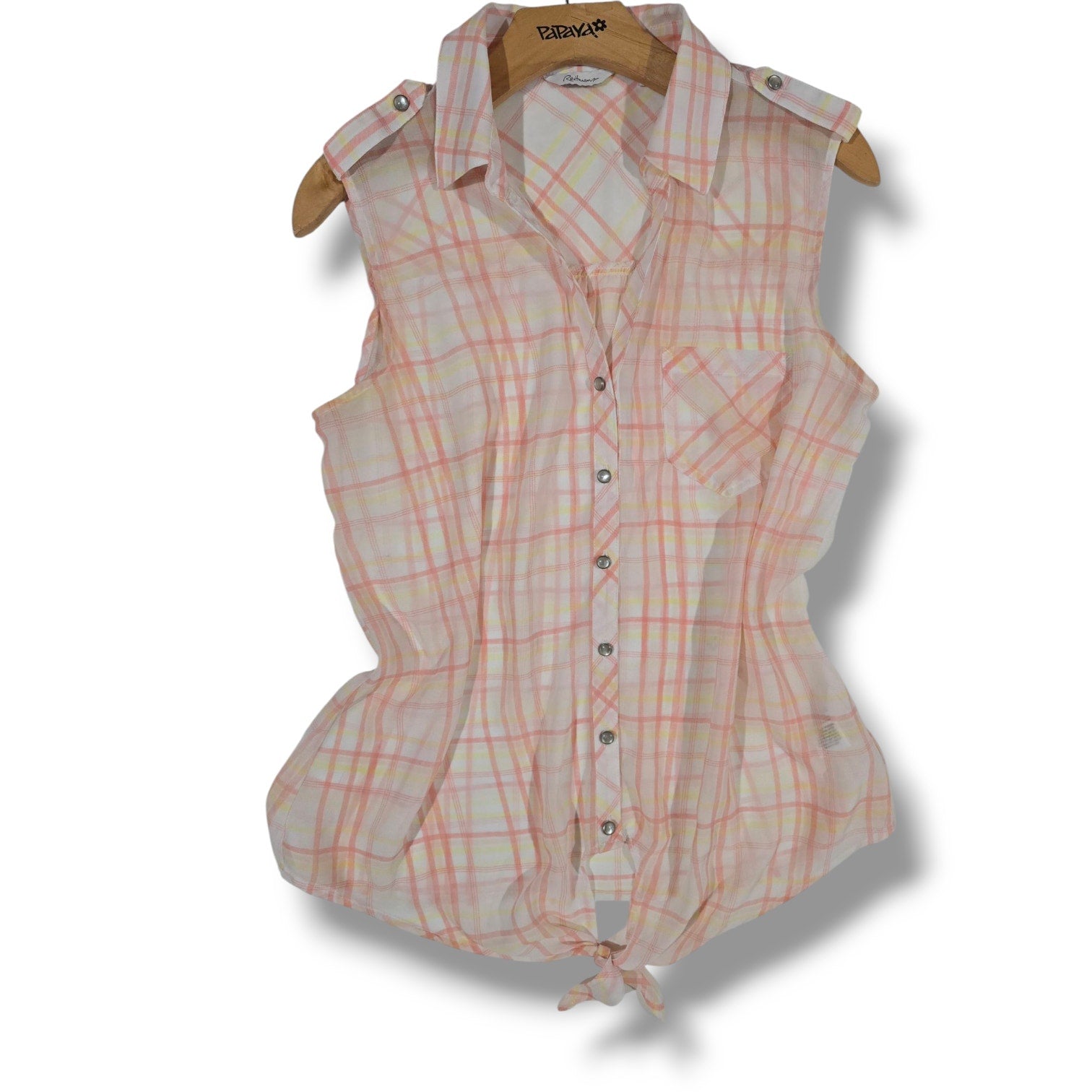Reitmans Women's Multicolor Sleeveless Plaid Tie-Front Button Blouse Semi-Sheer