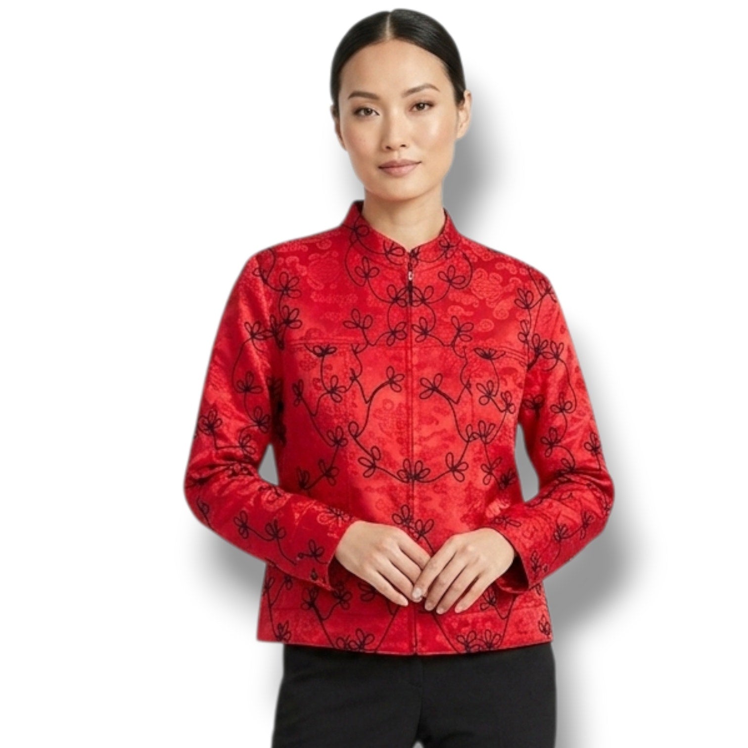 Chico's Design Vintage Women's Size 3 Red Silk Black Embroidered Zip Jacket
