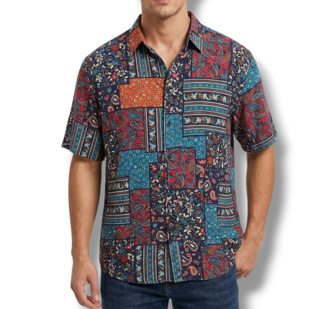 VatPave Men's XL Patchwork Paisley Floral Short Sleeve Button Down Shirt