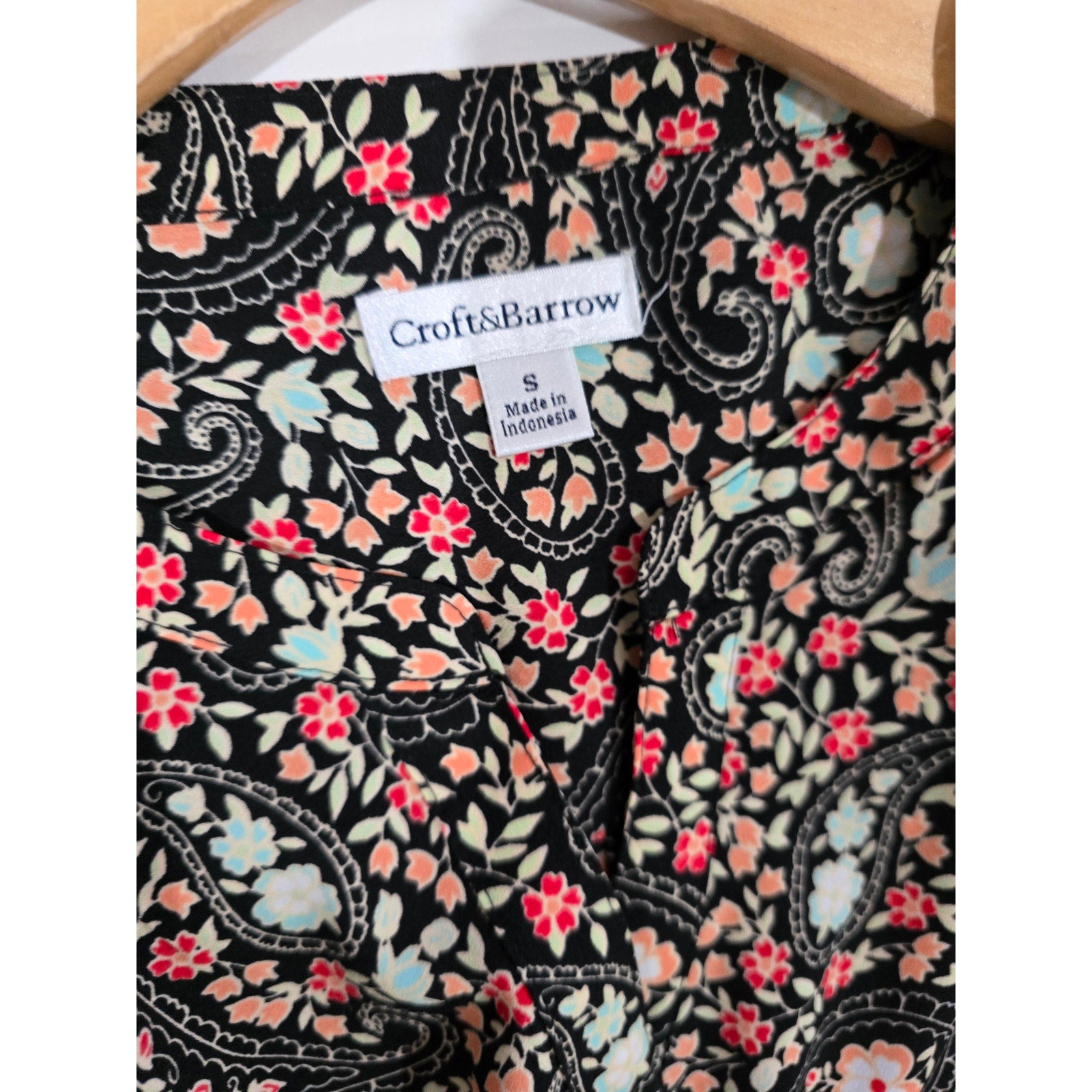 Croft & Barrow Womens Multicolor Paisley Button-Down Blouse Convertible Sleeves