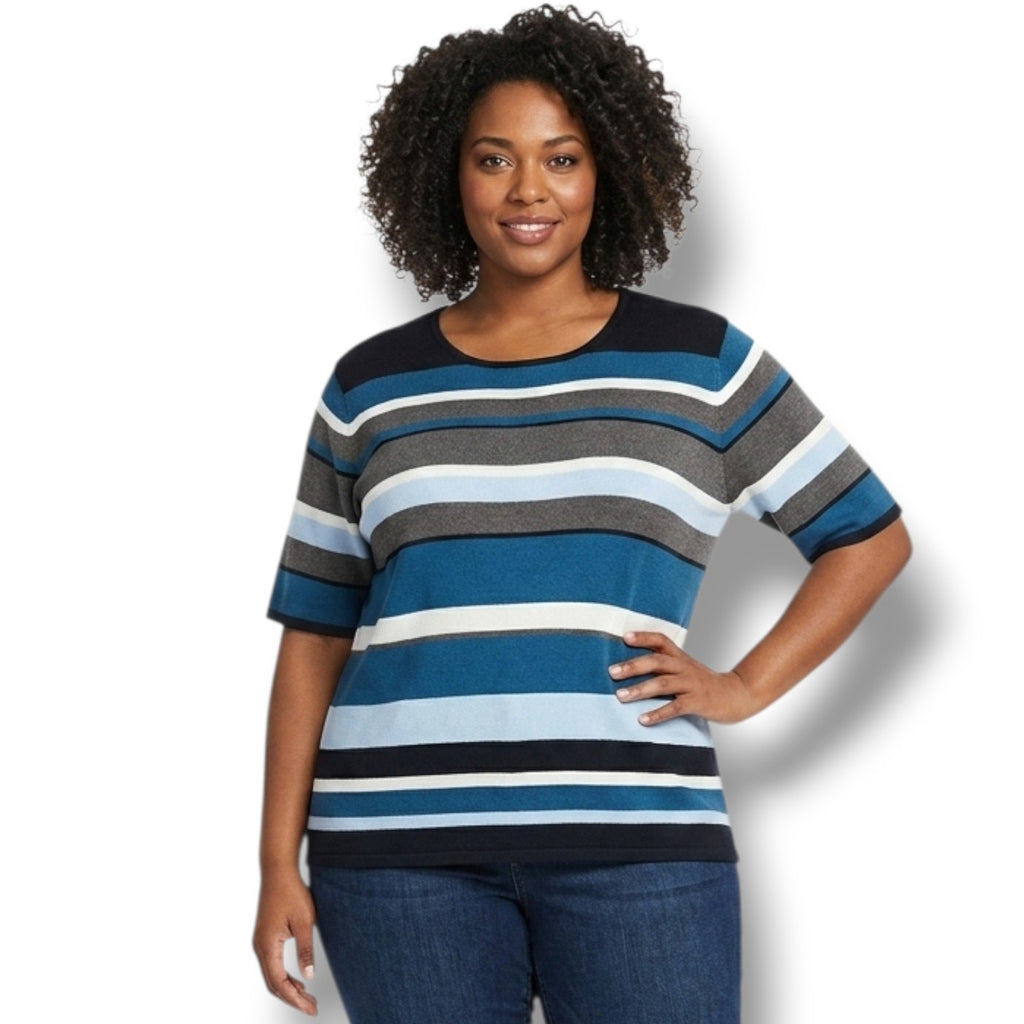 Sag Harbor Woman Striped Short Sleeve Knit Sweater