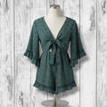 SHEIN Women's Size Large Dark Green Speckled Tie Front Bell Sleeve Romper