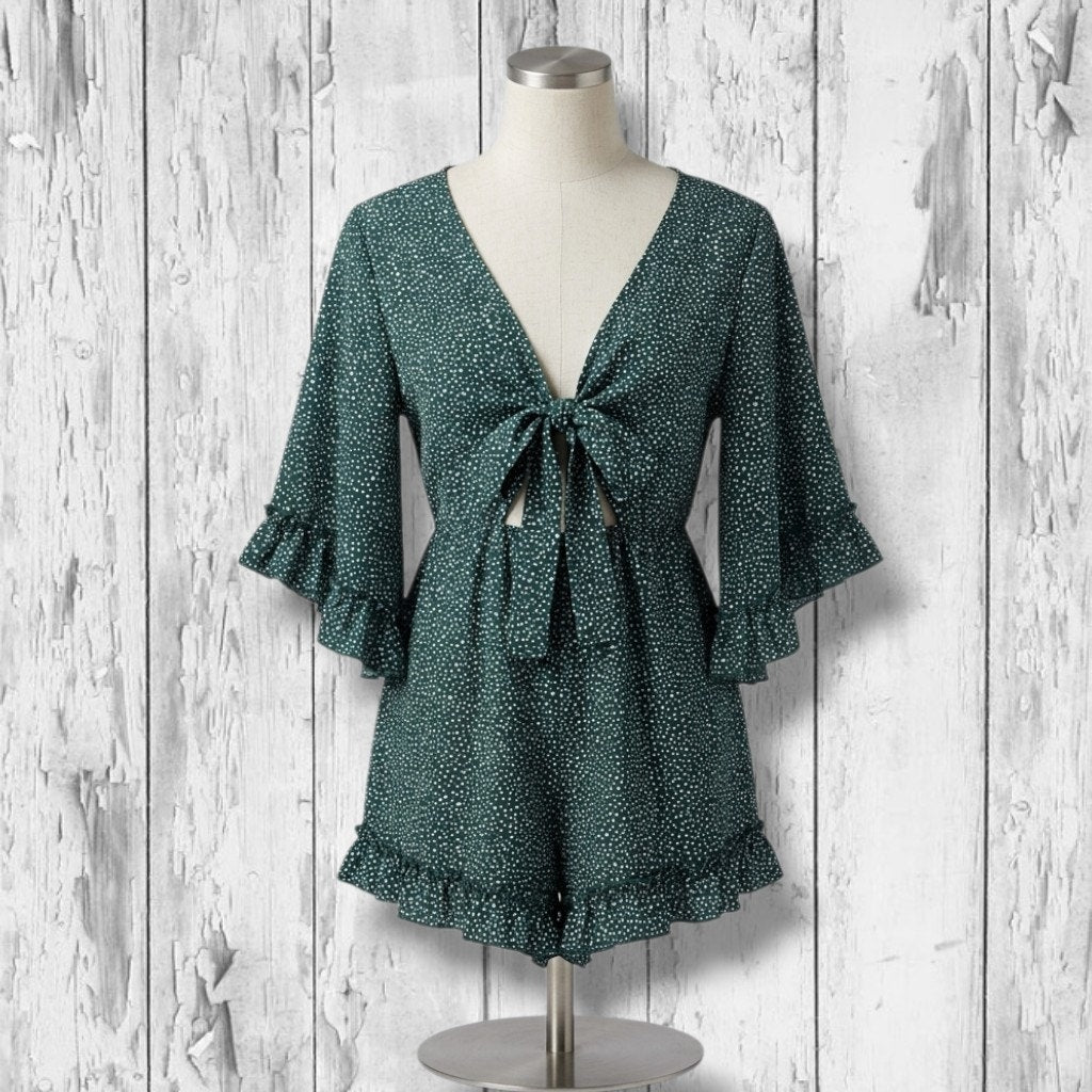 SHEIN Women's Size Large Dark Green Speckled Tie Front Bell Sleeve Romper