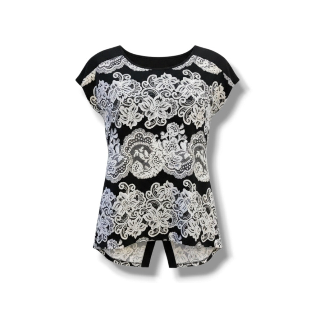 Ava James Black & White Floral Split-Back Blouse – Women’s Medium