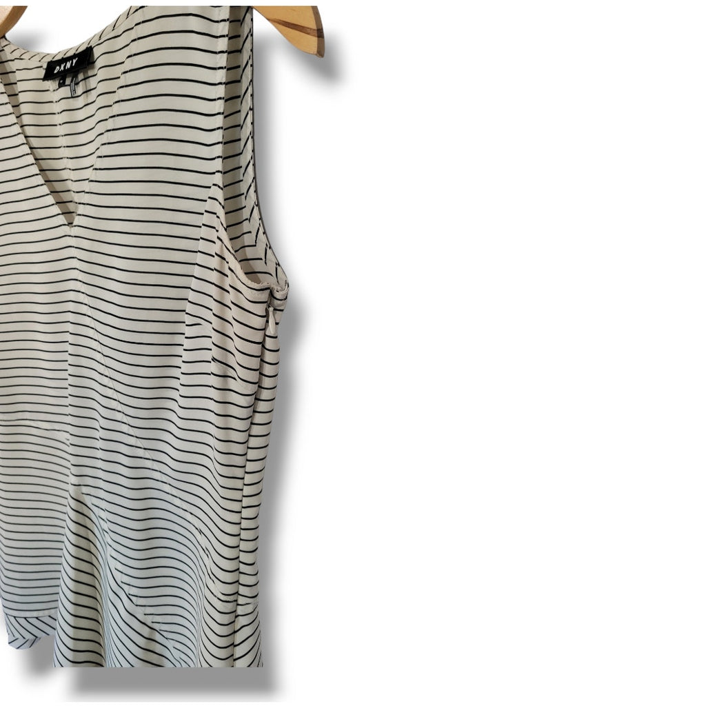 DKNY Women’s Ivory and Black Striped Sleeveless Peplum Blouse – Size 10