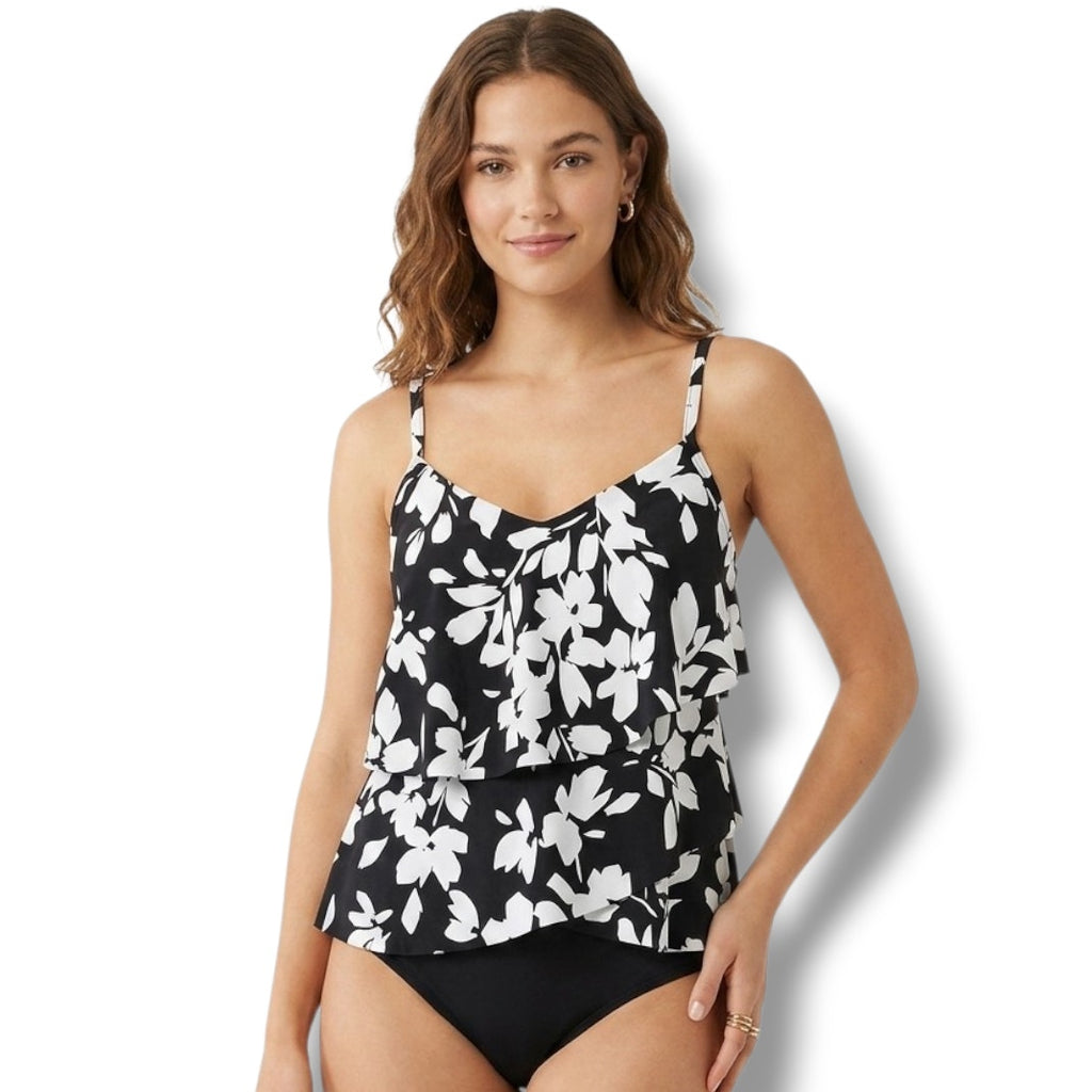 Aqua Green Women’s Black White Floral Tiered Tankini Swim Top Small NWOT