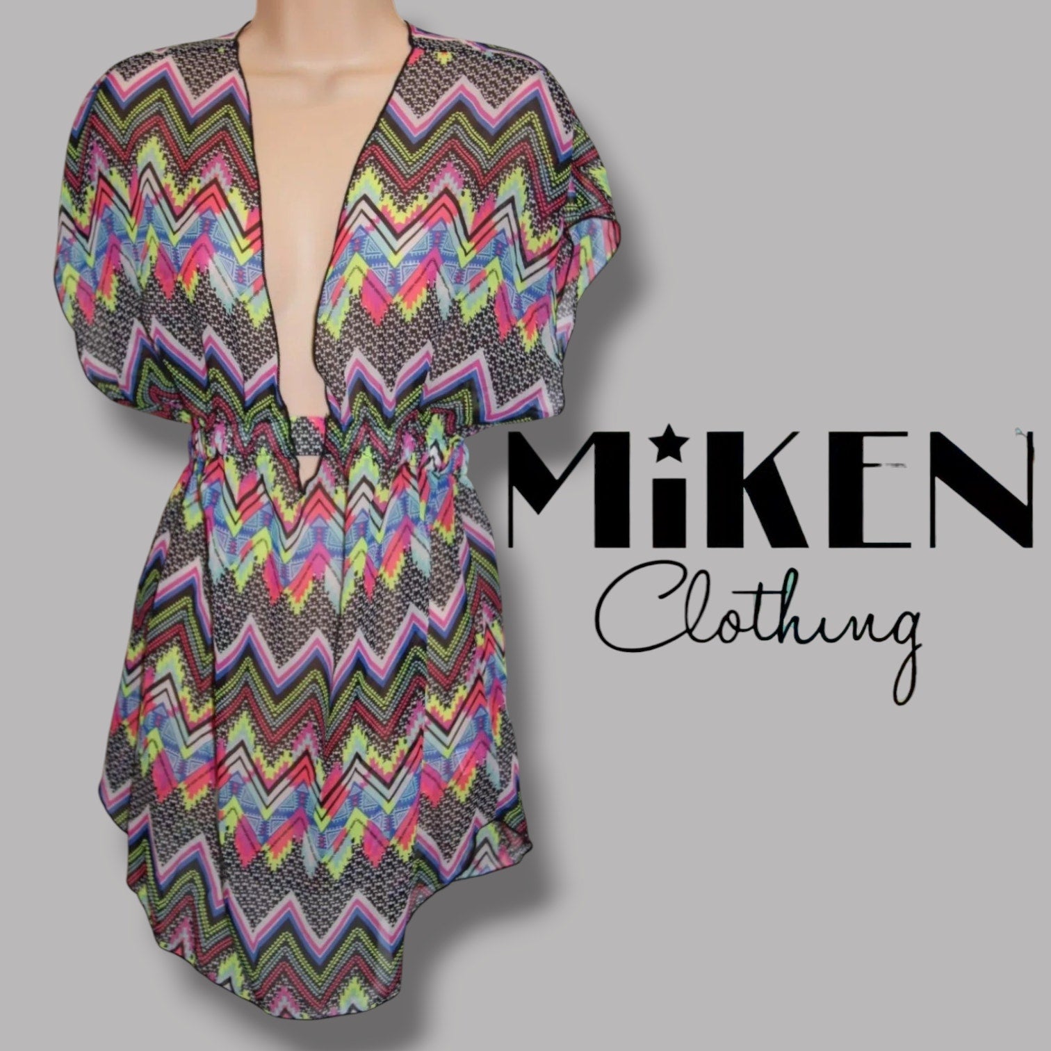 Miken Swim Women’s Multicolor Chevron Deep V-Neck Sleeveless Cover-Up – Size XS