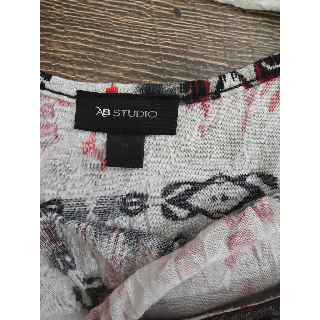 AB Studio Women's Size Medium Red Black Tribal Ikat Embellished Scoop Neck Top