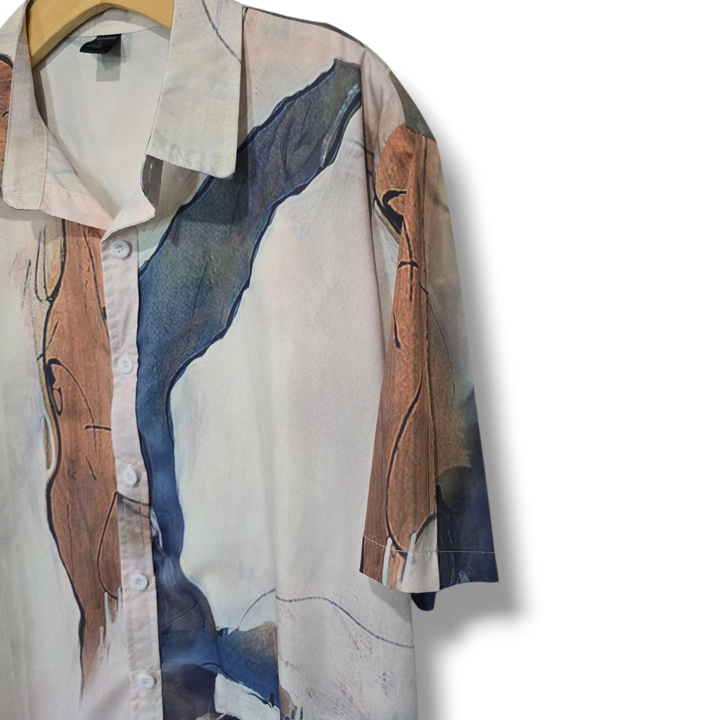 ROMWE Men’s Abstract Print Button Down Shirt Large Polyester Spandex Blend