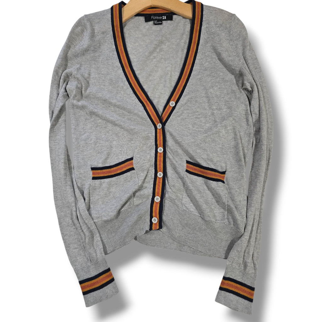 Forever 21 women’s Gray Button Front Cardigan Sweater with Striped Trim – Small