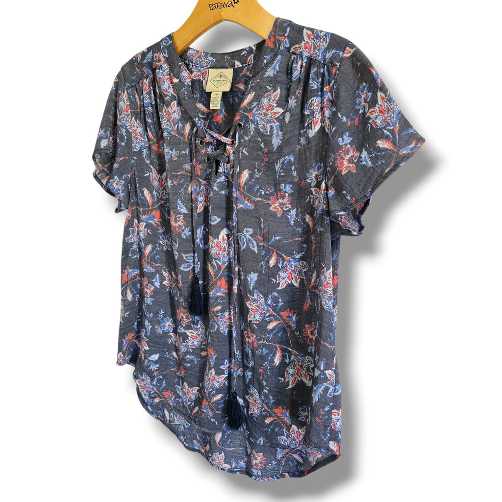 St. John’s Bay Petite Medium Floral Lace-Up Tassel Blouse Navy Rayon Blend