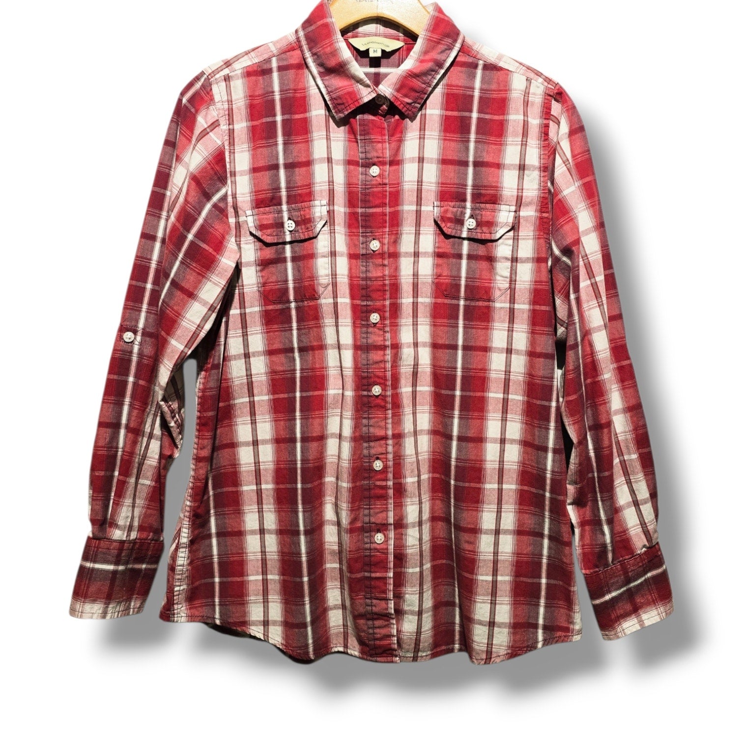Weekends Women's Size M Red White Plaid Roll-Tab Button Down Shirt