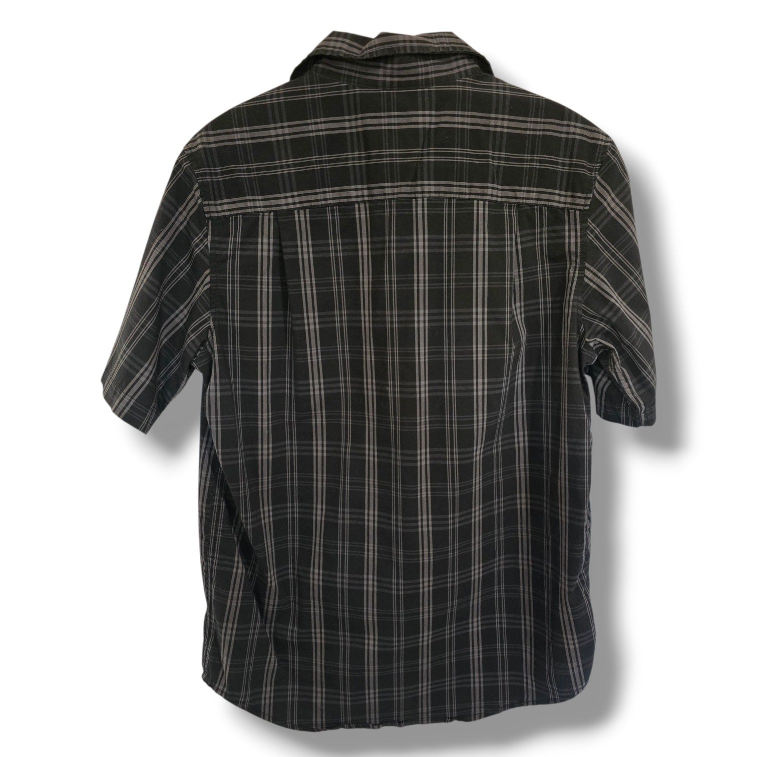 George Men's Plaid Short Sleeve Button Down Shirt M Black Gray Classic Fit