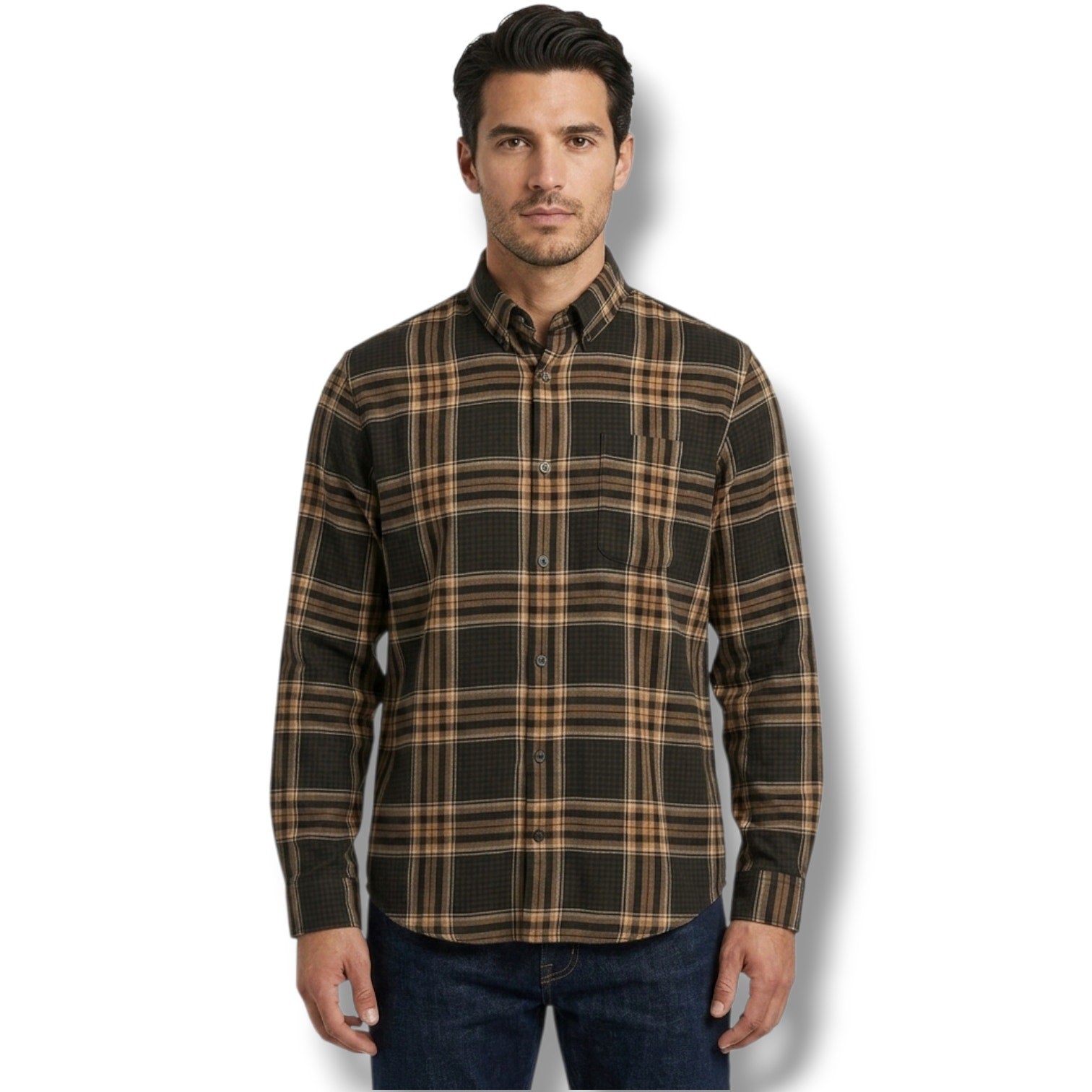 Express Men’s Brown & Black Plaid Button-Down Shirt – Size Large
