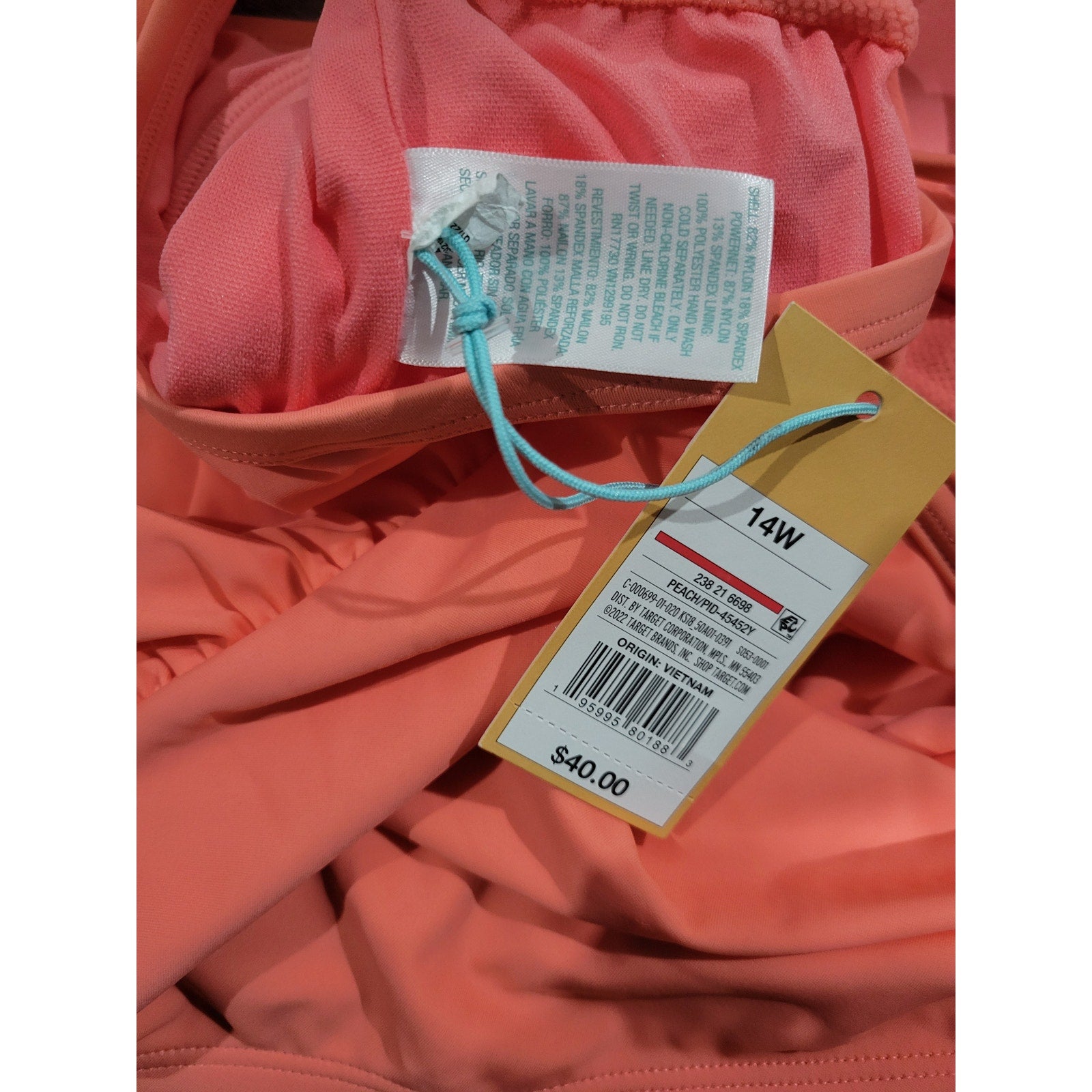 Kona Sol Women’s Plus Size Peach V-Neck One-Piece Swimsuit – New With Tags