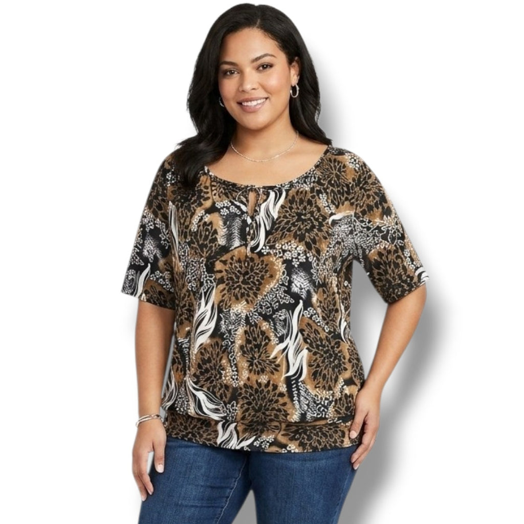 Impressions Women’s Plus Size Brown Black Floral short sleeves Blouse – 1X