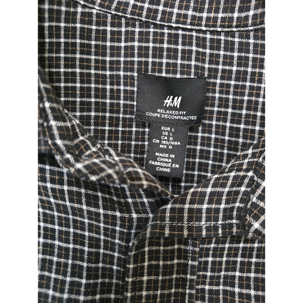 H&M Relaxed Fit Black & White Windowpane Linen-Blend Shirt – Large