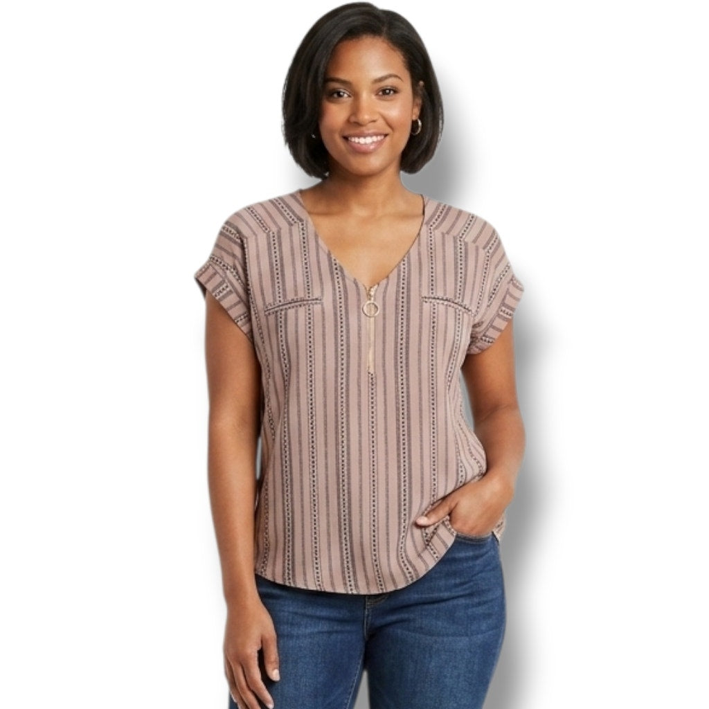Flower & Feather Striped Aztec O-Ring Quarter Zip Blouse MEDIUM