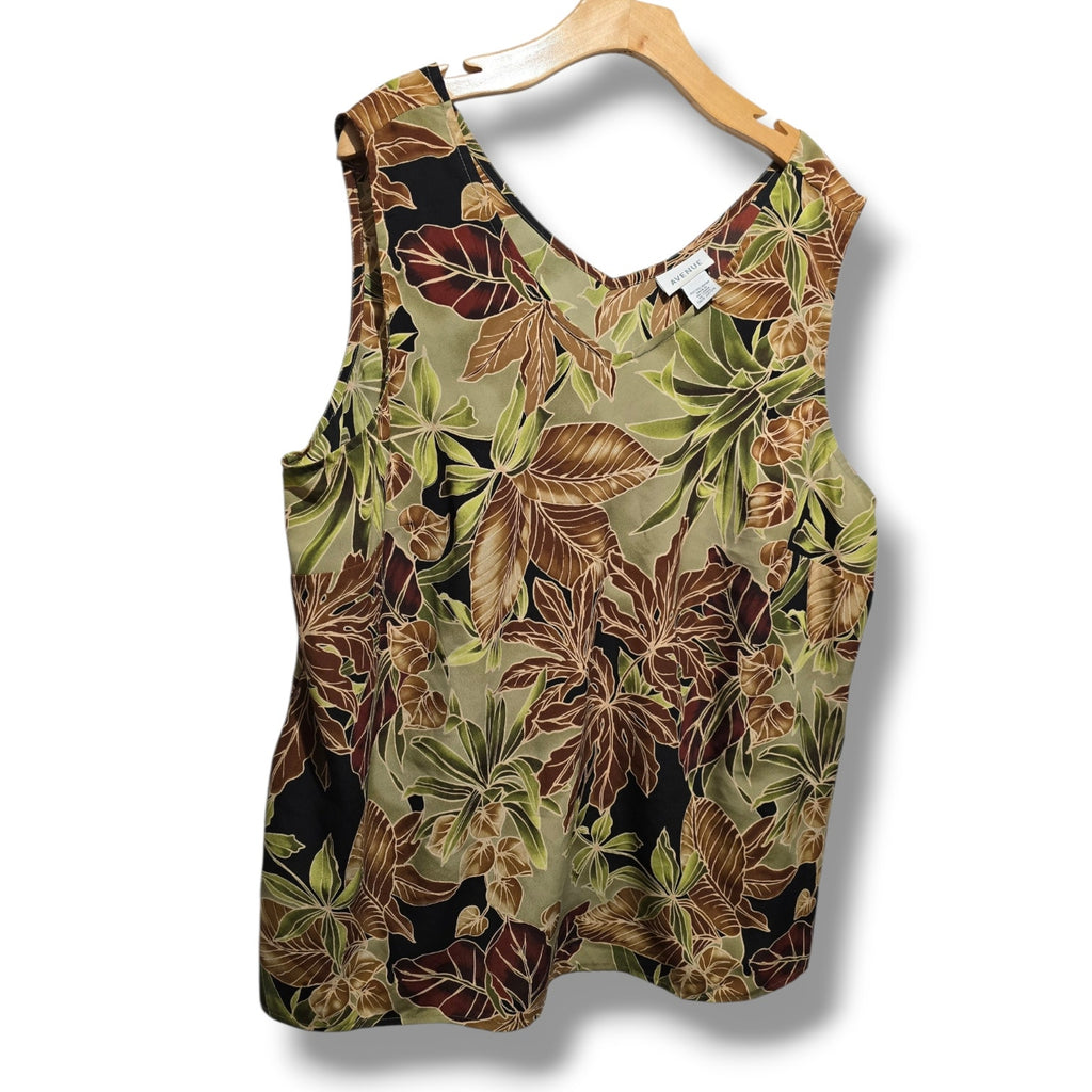 Avenue Women's Size 22/24 Green Brown Tropical Palm Leaf V-Neck Tank Top