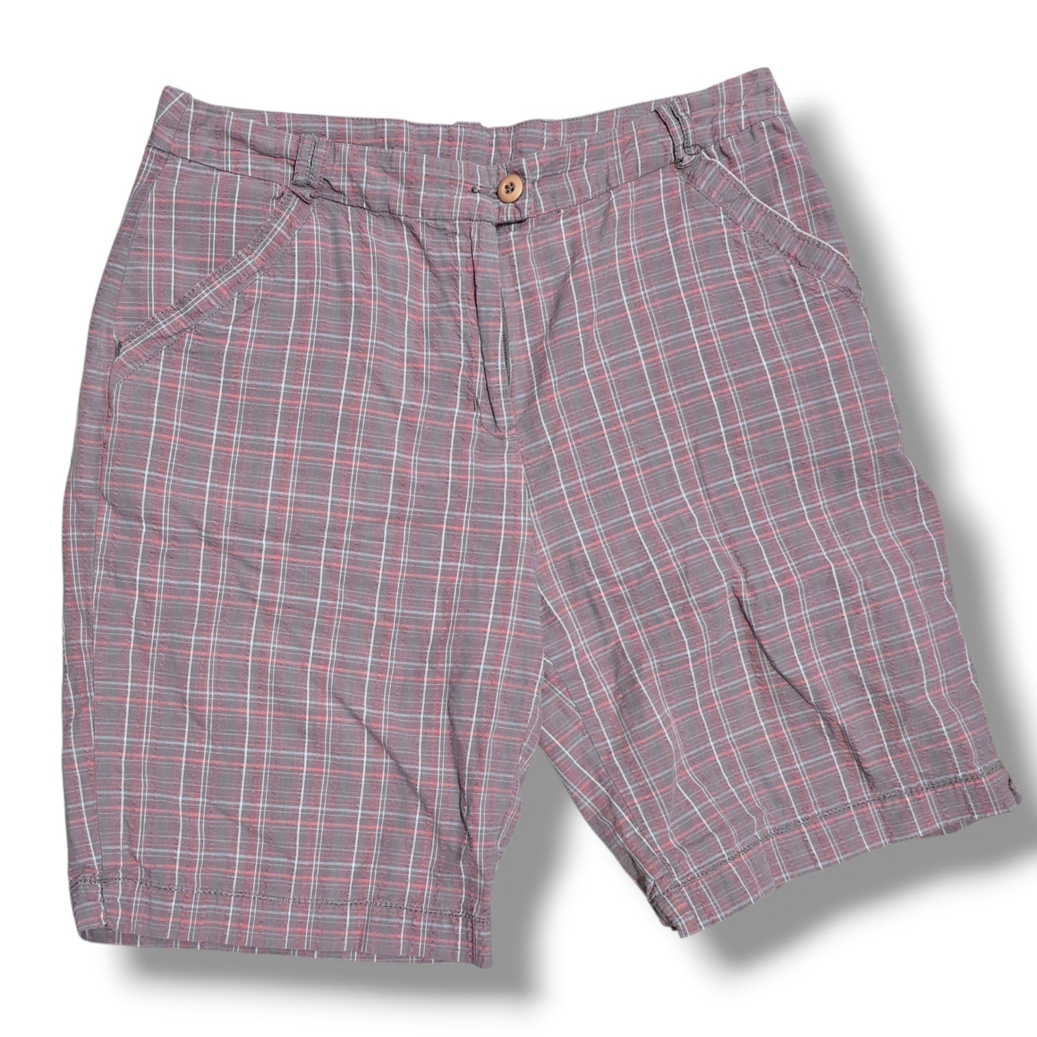 Woolrich Women's Size 12 Quarry Grey Pink Plaid Textured Cotton Shorts