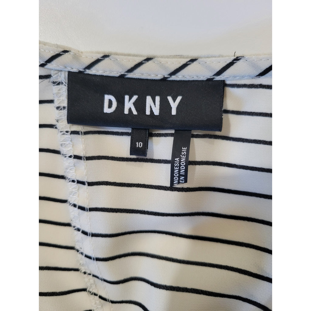 DKNY Women’s Ivory and Black Striped Sleeveless Peplum Blouse – Size 10