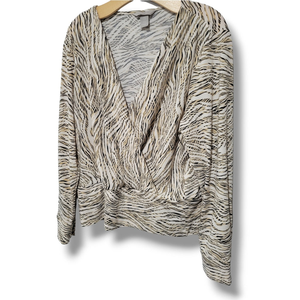H&M Women’s Cream Animal Print Wrap Blouse – Large, Polyester Blend, Gently Used