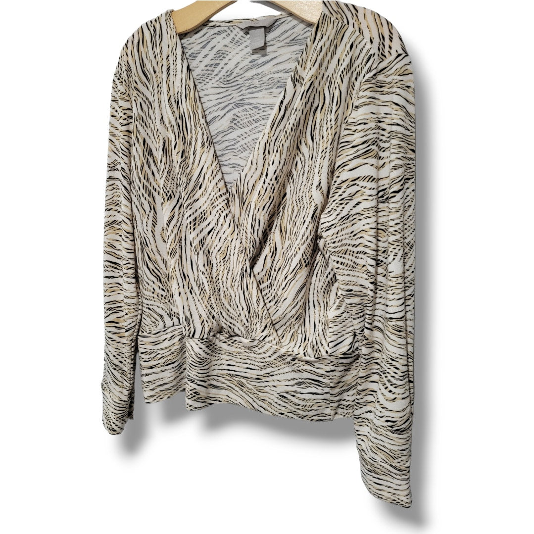 H&M Women’s Cream Animal Print Wrap Blouse – Large, Polyester Blend, Gently Used