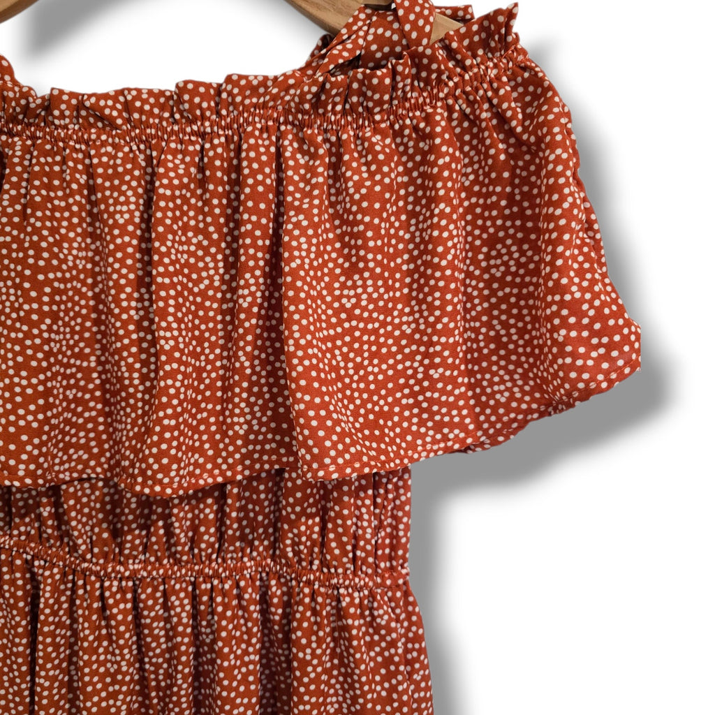 Daytrip Women’s Rust Polka Dot Off-Shoulder Ruffle Mini Dress – Size Small