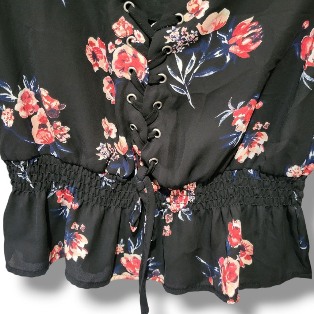 Divided by H&M Black Floral Lace-Up Smocked Blouse – Size 4 gently used