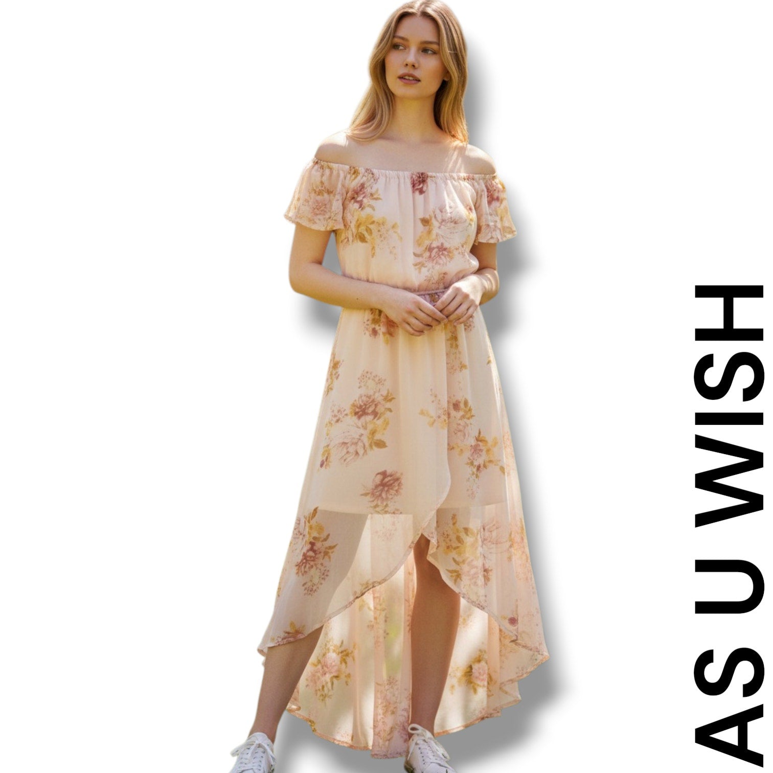 As U Wish Women’s Large Floral Cold Shoulder High Low Dress Flowy Boho