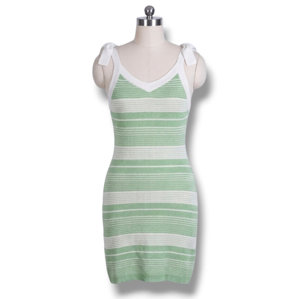 Truce Girls Size L (14) Green White Striped Tie Shoulder Knit Dress
