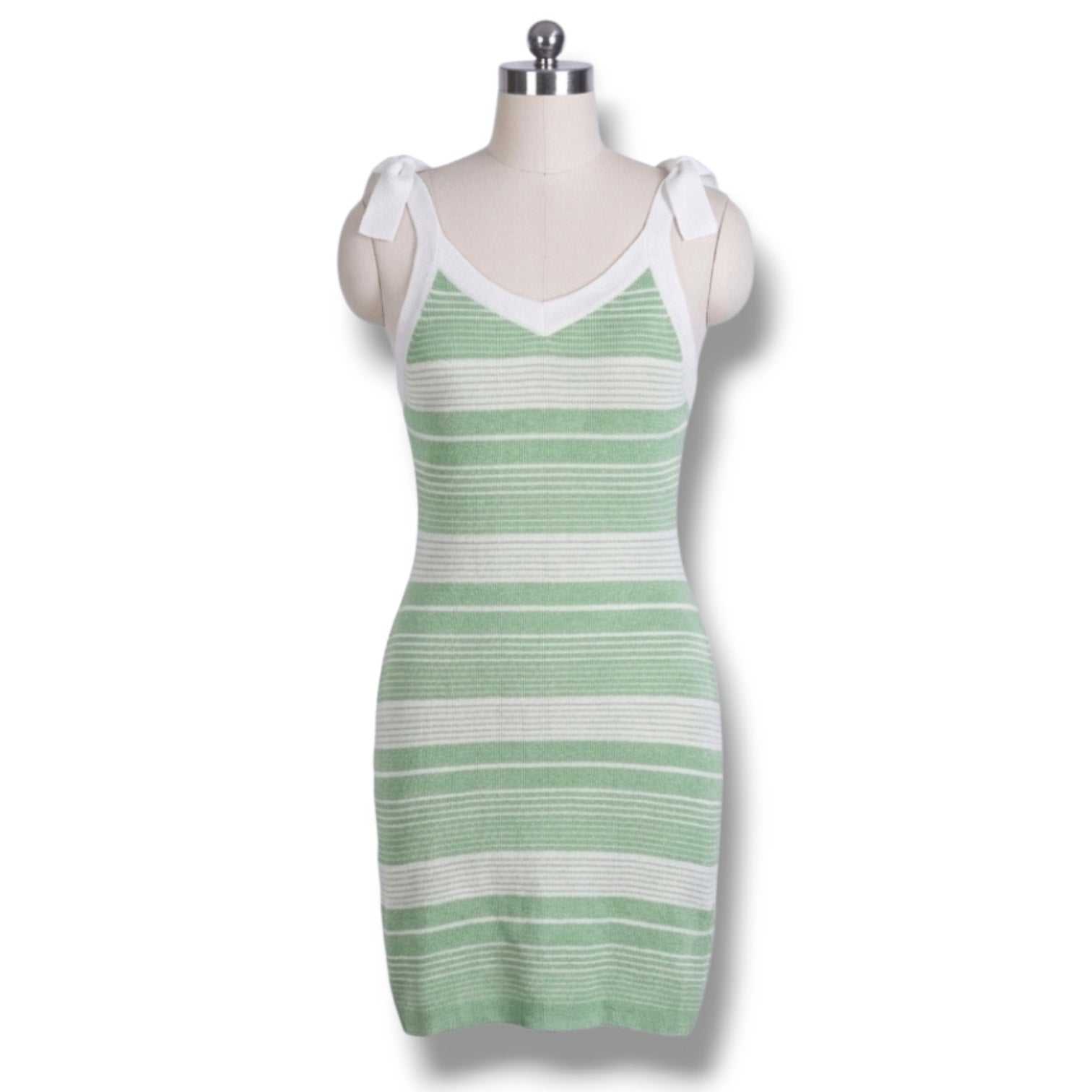Truce Girls Size L (14) Green White Striped Tie Shoulder Knit Dress