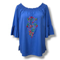 Avon Women’s Blue Boho Embroidered Blouse Large, Cotton Short Sleeve Gently Used