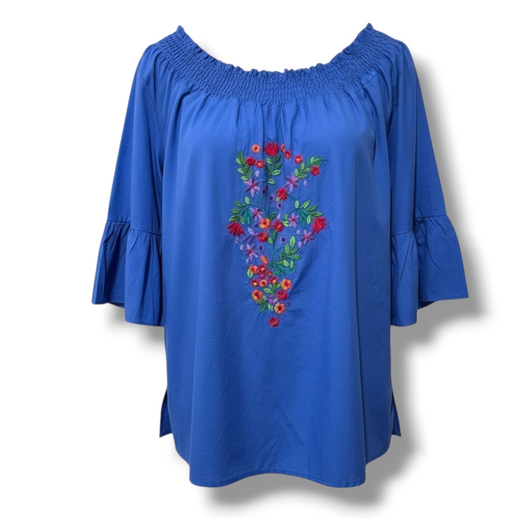 Avon Women’s Blue Boho Embroidered Blouse Large, Cotton Short Sleeve Gently Used