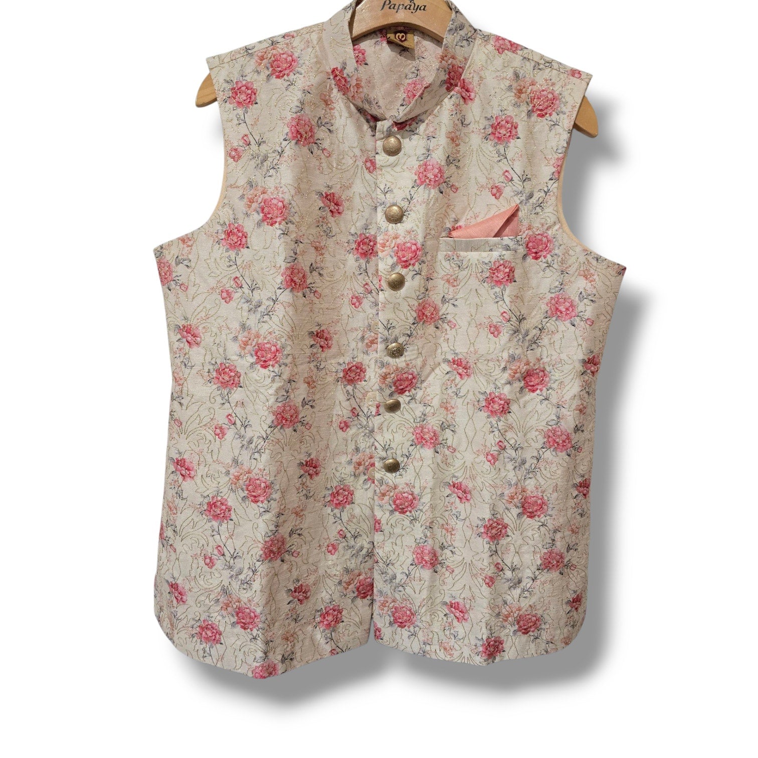 Manyavar men's Beige Jacket With Pink Floral Motifs