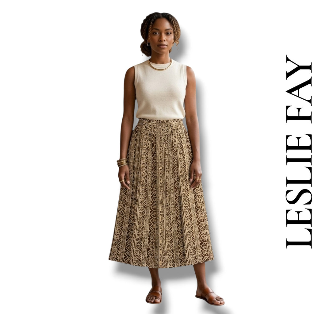 Leslie Fay Vintage Midi Skirt Size 14 Brown Cream Geometric Elastic Waist