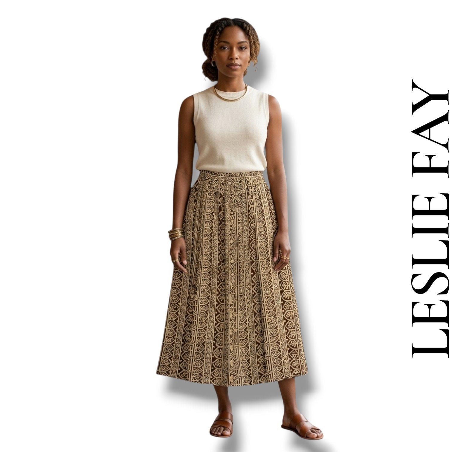 Leslie Fay Vintage Midi Skirt Size 14 Brown Cream Geometric Elastic Waist