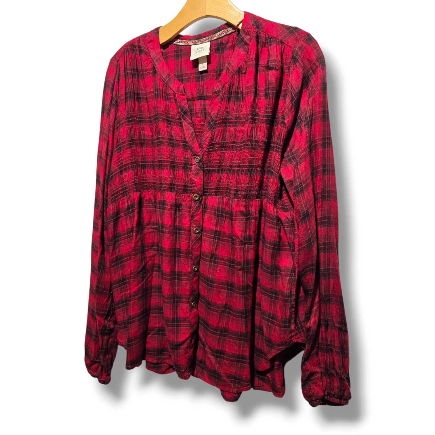 Knox Rose Women's & Black Plaid Smocked Babydoll Blouse - large