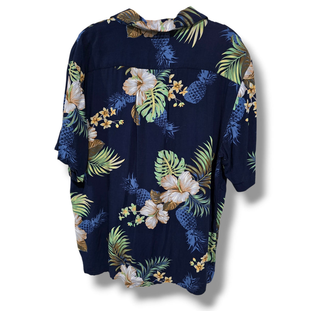 Hawaii Hangover Men’s Navy Tropical Floral Hawaiian Shirt Rayon Medium