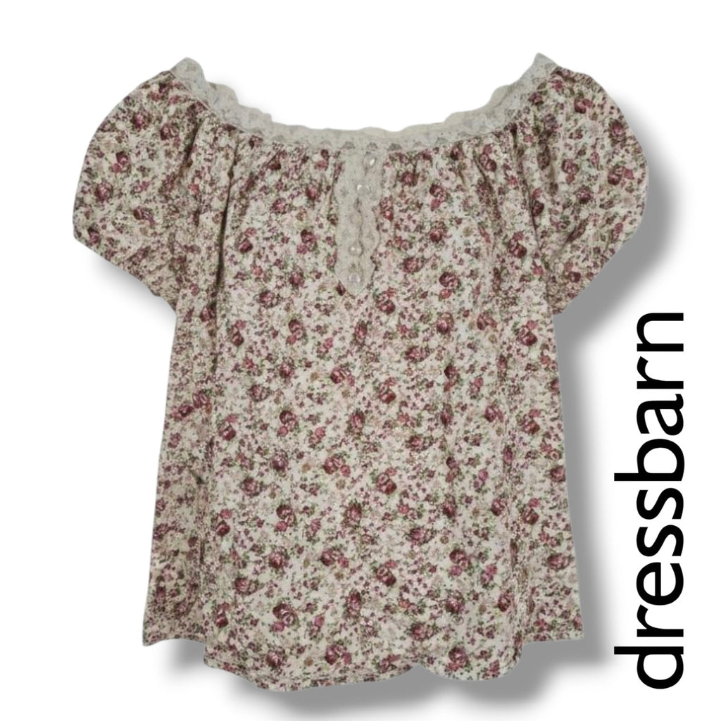 Dressbarn Woman Floral Lace Trim Puff Sleeve Blouse – Size 18/20 Made in USA