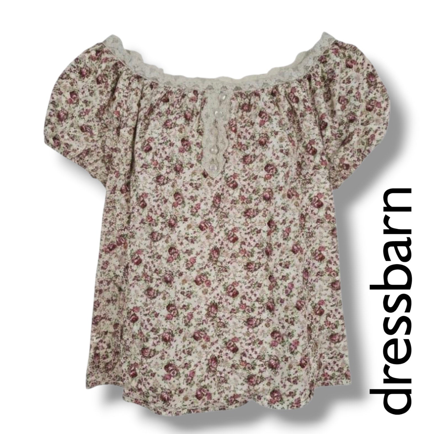 Dressbarn Woman Floral Lace Trim Puff Sleeve Blouse – Size 18/20 Made in USA