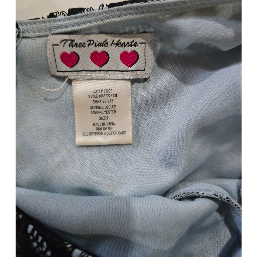 Three Pink Hearts Juniors Black Lace Fit & Flare Dress Blue Lining Size 7