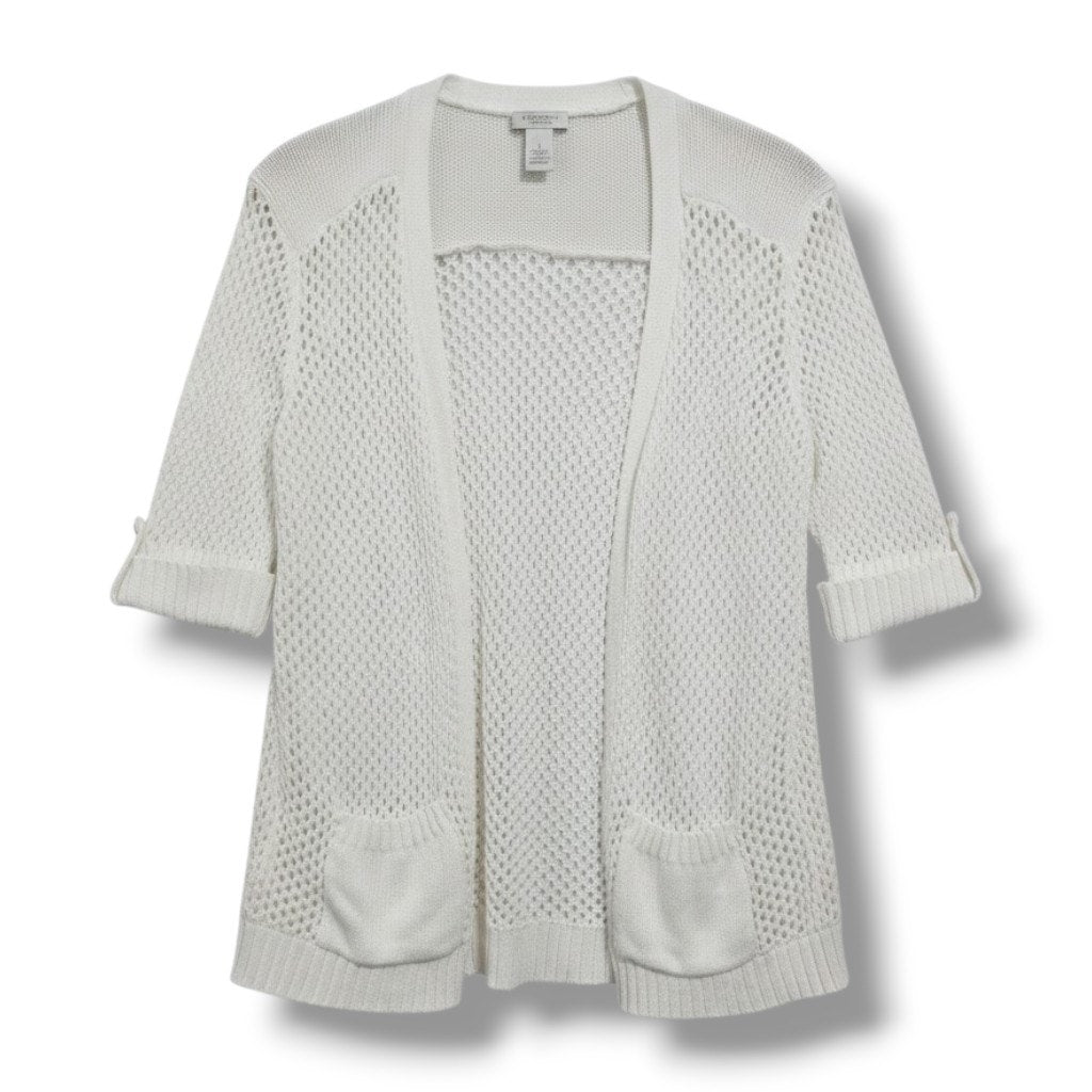 Weekends by Chico's White Open Crochet Knit Cardigan